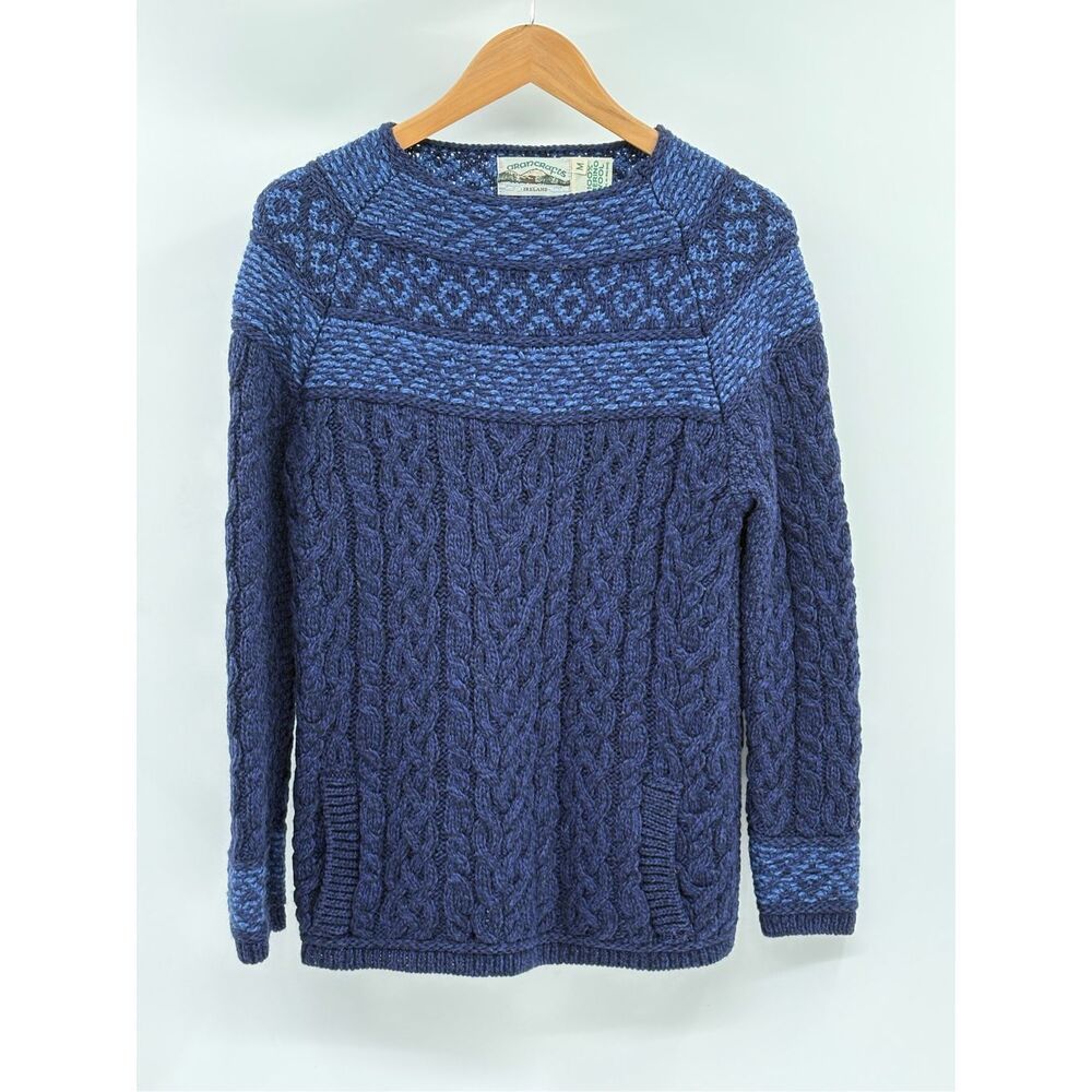 Aran Crafts Wool Sweater Cable Knit Pullover Women Medium Blue Pockets Ireland
